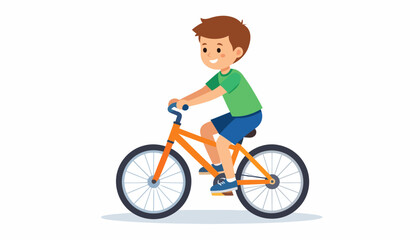 Fototapeta premium Smiling cartoon boy with brown hair in a green shirt riding a bright orange bicycle.