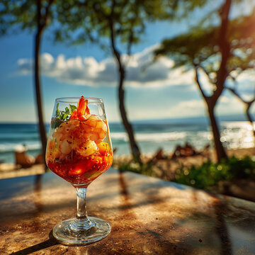 Exotic shrimp cocktail sits on a beach table
