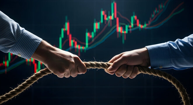 Businessmen in Tug-of-War Amidst Stock Market Volatility, Economic Tension and Competition
