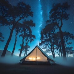Silent nature lake camp with star reflections