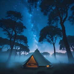 Mountain camping night scene with glowing ambiance