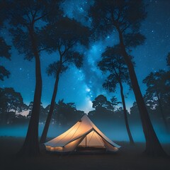 Cozy glowing tents under mountain night stars