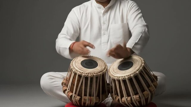 Person Playing Tabla Indian Percussion Instrument in White Attire on Grey Background