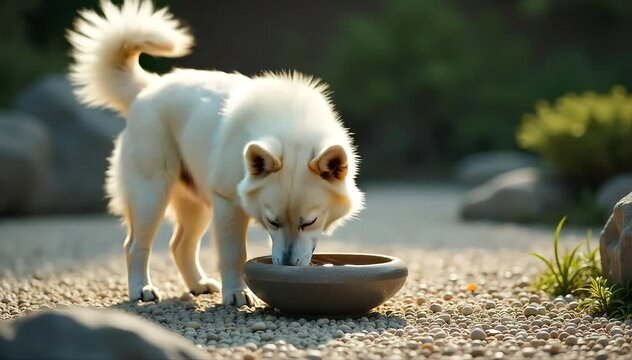 Korean Jindo dog drinking water from a stone bowl