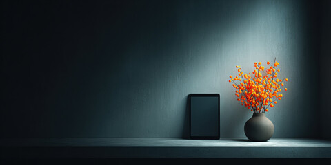Minimalist scene with digital tablet and vase of vibrant orange flowers on gray surface, creating serene atmosphere
