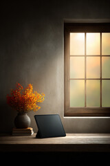 Digital tablet on wooden table beside vase with autumn flowers, near window with soft light
