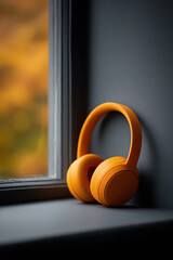 Orange wireless headphones resting on windowsill with blurred autumn background