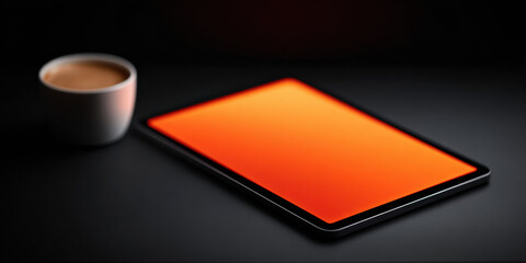 Tablet with glowing orange screen sits on dark surface next to cup of coffee, creating warm and inviting atmosphere