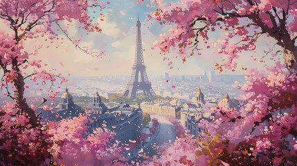 Dreamy Paris springtime vista with Eiffel Tower framed by vibrant blooming cherry blossoms, evoking romance and beauty.