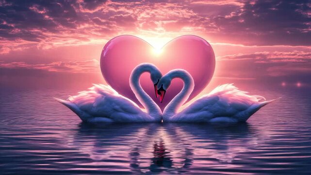 Two swan birds forming heart shape with necks on calm water at sunset with glowing pink heart and colorful sky creating romantic love reflection of nature and animal beauty