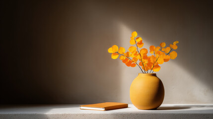 Yellow vase with vibrant orange leaves sits on white surface next to matching notebook, illuminated by soft natural light