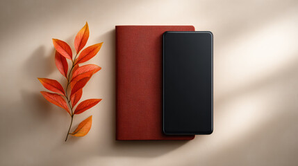 Smartphone rests on red notebook beside vibrant orange leaves, creating warm and inviting autumnal scene