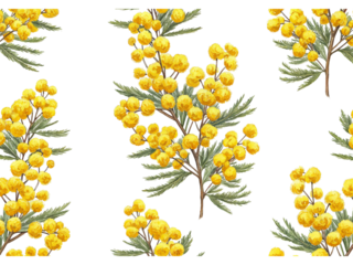Watercolor illustration of a delicate mimosa acacia flower branch with fluffy yellow pom pom blossoms isolated on transparent background