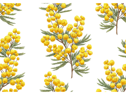 Watercolor illustration of a delicate mimosa acacia flower branch with fluffy yellow pom pom blossoms isolated on transparent background