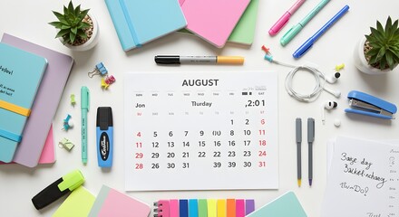 Colorful office supplies and calendar flat lay