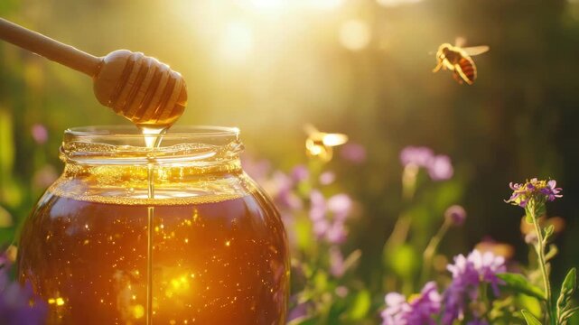 Golden honey dripping from wooden dipper into glass jar with bees flying near purple flowers warm sunlight, showcasing nature&rsquo;s sweet nectar and golden glow of honey jar surrounded by bees and flowers