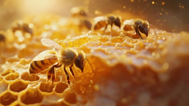 Honeybee honeycomb with golden light shining close up of bee collecting nectar and honey dripping from hexagonal wax cells natural pollination insect nature vibrant detailed texture and warm