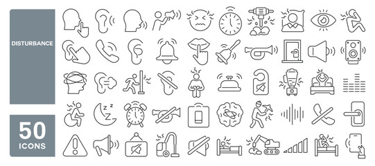 Set of 50 line icons related to disturbance, don't disturb, silence, bell, loud, noise, Editable stroke. Vector illustration