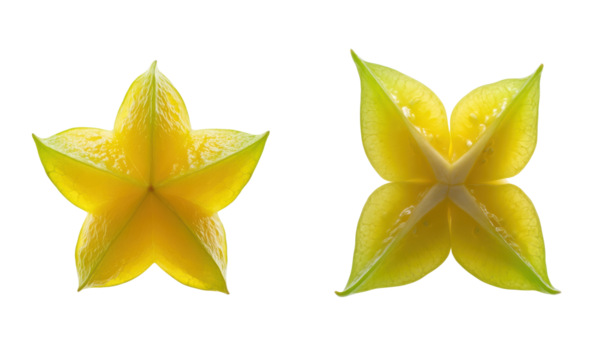 Star fruit seen from two angles. Yellow star shape. Exotic fruit, tropical, food, healthy, fresh, isolated, vitamin, sweet.