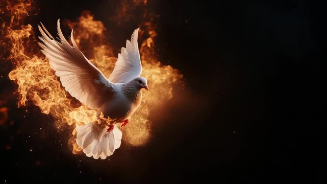 White dove flying with wings spread wide in front of bright orange fire flame on dark background symbolizing peace hope motion and bird soaring through fiery sky with graceful wings in flight