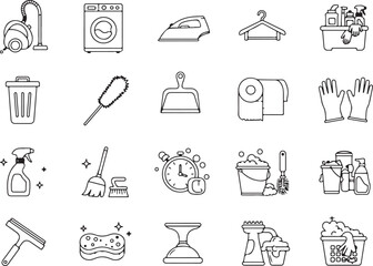 Cleaning tools icon set, household chore vector collection, personal care and hygiene graphics, laundry and sanitizing equipment illustrations for web, apps, packaging, and tutorial design
