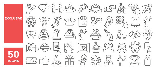 Set of 50 line icons related to exclusive, benefits, vip, loyalty, reward, special, Editable stroke. Vector illustration