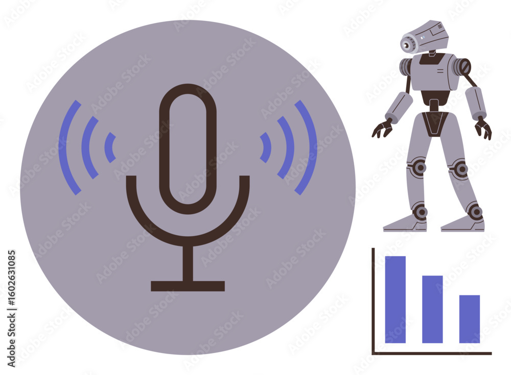 Poster microphone symbol with sound waves, robotic figure, and bar graph. ideal for ai development, automat