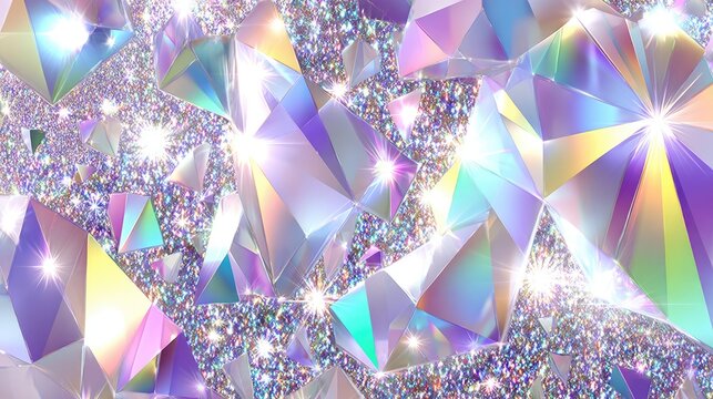 Multifaceted, iridescent crystals with sparkling glitter.