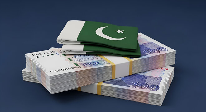 Stacks of pakistani rupees with the national flag representing the countrys economy and financial system