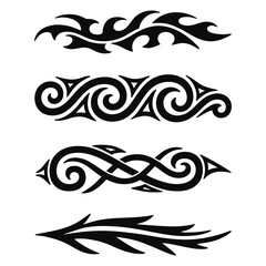 Fototapeta premium Collection of four decorative ornamental swirls borders, flourishes and dividers ornate tribal elements in black on white background