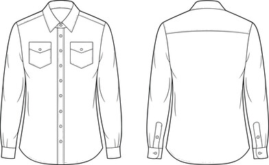 CAD drawing flat vector illustration of button-up shirt design, stitched pocket detail, cuffed sleeves, fashion layout, front and back viewsCAD drawing flat vector illustration of 