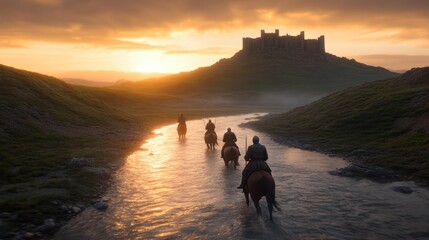 Medieval horseback riders at sunset approaching castle river landscape