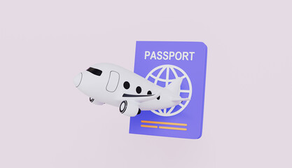 Passport with boarding pass inside and airplane flying, traveling, booking, holidays, transportation