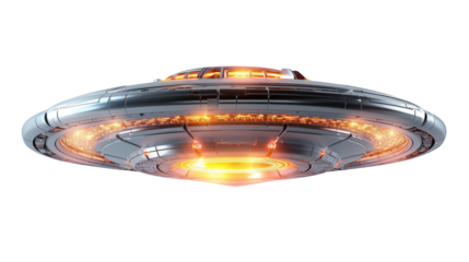 Futuristic metallic flying saucer with glowing orange energy and intricate details, ready for sci-fi adventures  isolated on white or transparent png.