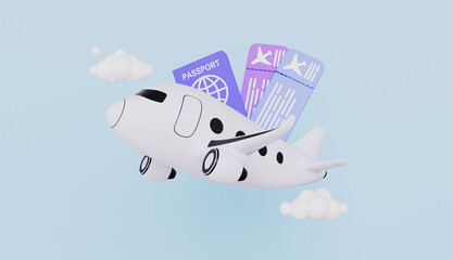 Passport with boarding pass inside and airplane flying, traveling, holidays, booking, transportation