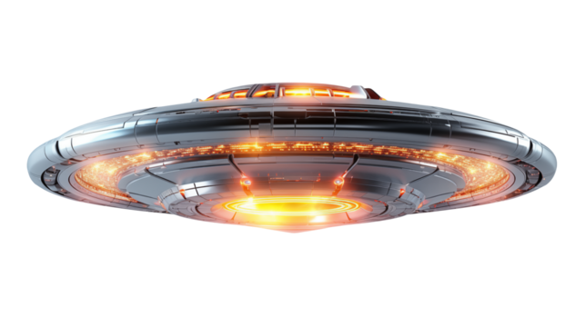 Futuristic metallic flying saucer with glowing orange energy and intricate details, ready for sci-fi adventures isolated on white or transparent png. - Powered by Adobe