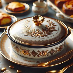 Ceramic Enamel Baking Dish with Gold Trim