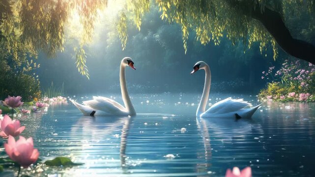 Two elegant white swan glide on calm water and lake surrounded by blooming pink lotus flowers, lush green trees, and soft sunlight creating peaceful nature scene with reflection of bird and flower