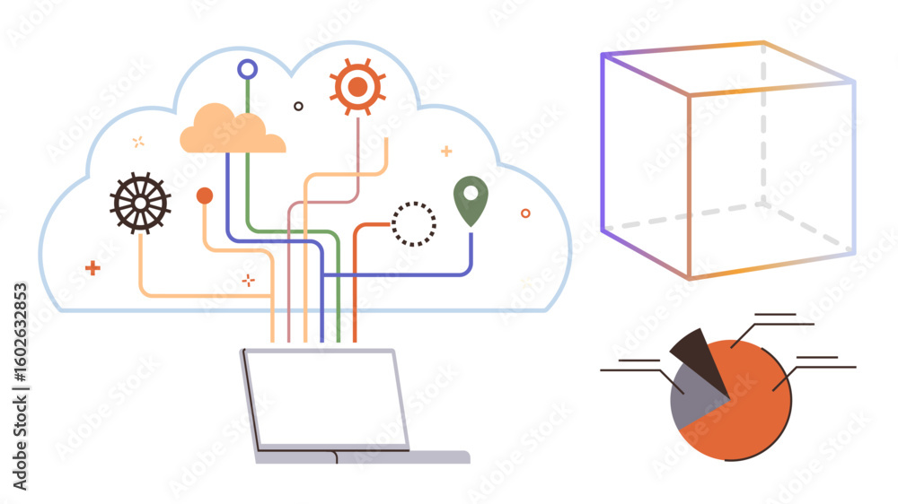 Poster cloud computing linked to laptop with flow of data via lines, gears, and map pin. accompanied by a p