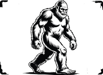 Obraz premium Bigfoot Silhouette Vector in Forest Landscape, Sasquatch Clipart Design – Mythical Creature Illustration, Forest Monster Bigfoot SVG – Outdoor Adventure Design, Retro Bigfoot Design – Mountain Camping