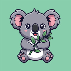 A cute cartoon koala sits holding a green eucalyptus branch, smiling happily.
