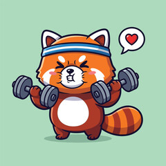 An adorable cartoon red panda wearing a headband lifts dumbbells with a determined expression, a heart bubble signifying love for fitness.