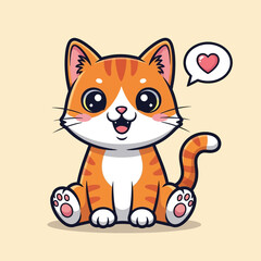 Adorable cartoon orange tabby kitten sitting, happy expression, love heart bubble.