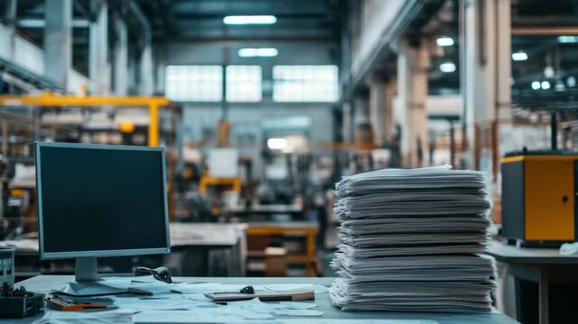 Stack of paper and document pile on office desk with computer monitor in cluttered industrial workspace showing paperwork and technology in busy factory interior work environment