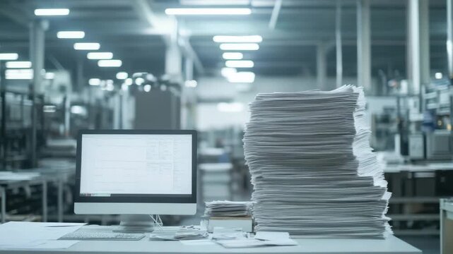 Large stack of paper sheets on desk with computer monitor in bright industrial office workspace showing busy productive environment with documents and technology