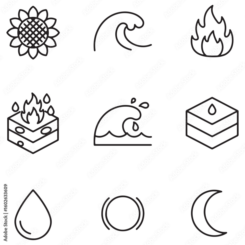 Poster minimalist outlined icons representing nature's elements and celestial objects for design projects
