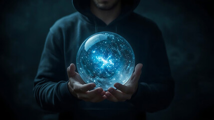 A person in a dark hoodie holds a glowing crystal ball filled with blue particles and light orbs, highlighting a mystical, futuristic atmosphere in a dark, moody scene.