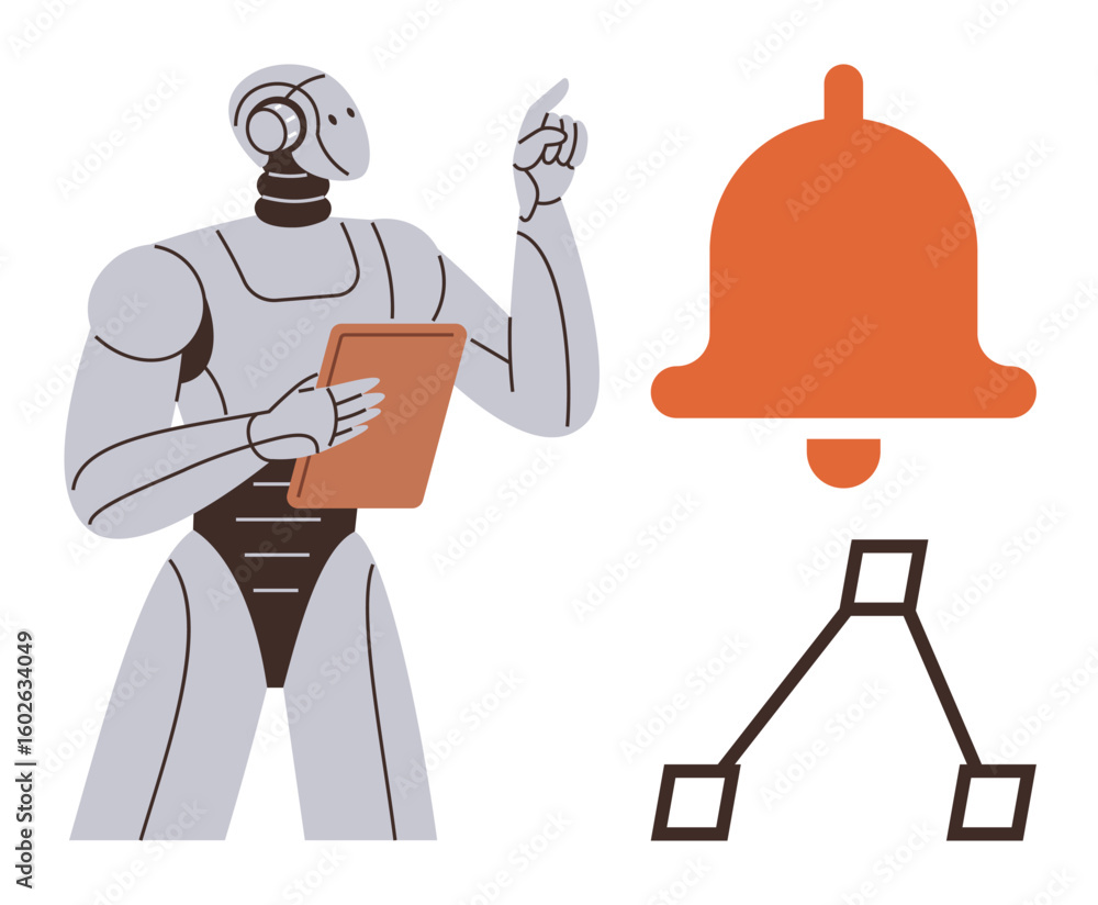 Poster robot with tablet gesturing toward bell icon and workflow diagram. ideal for automation, ai, notific