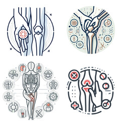 Medical illustrations of joint pain with focus on knee and hand  