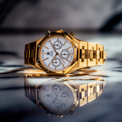 Luxury gold wristwatch with white dial on marble surface